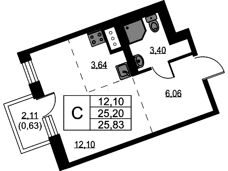 Квартира студия 25.83 м², 4/9 эт., ЖК «Квартал Лаголово»